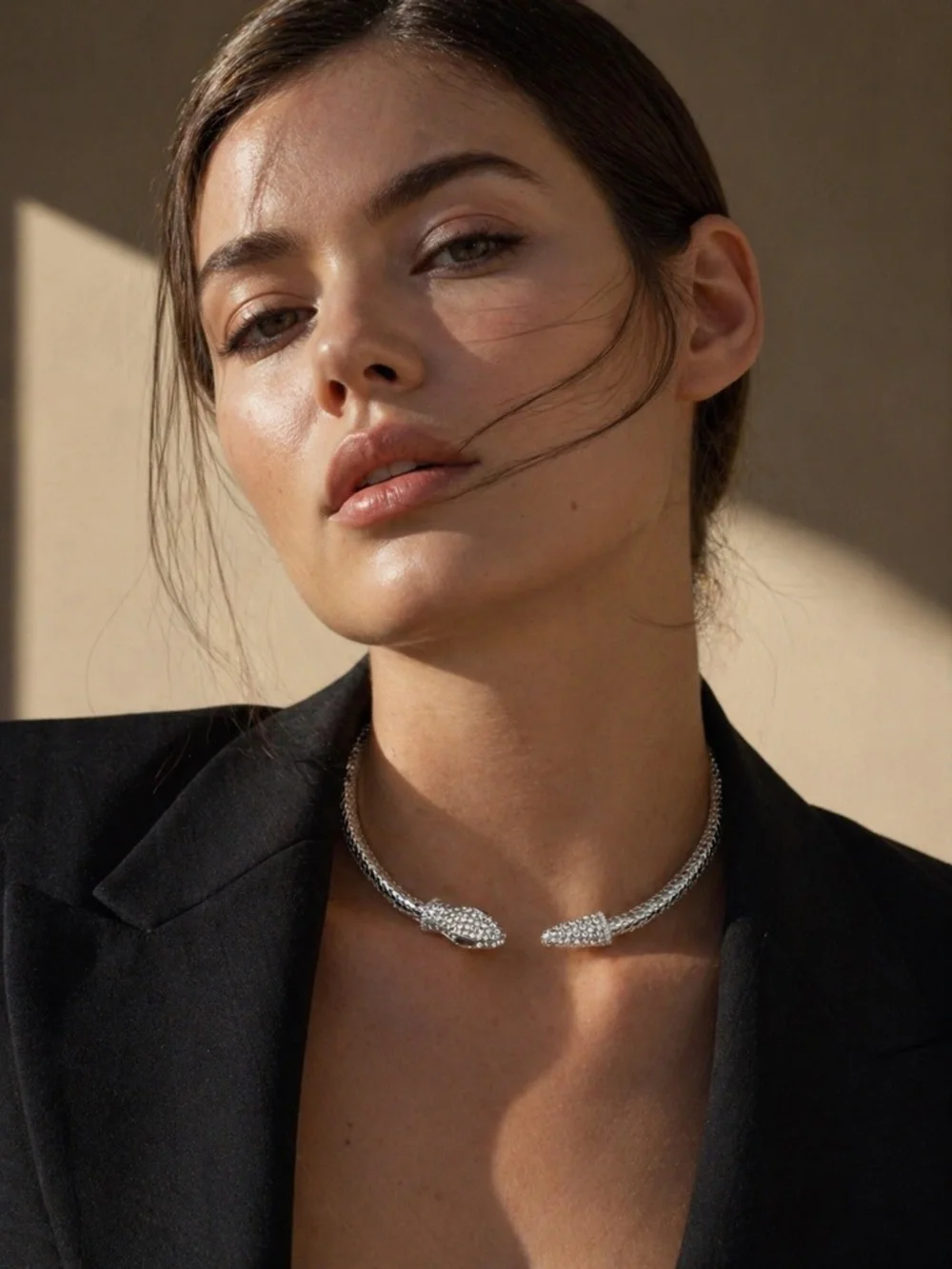 Silver Snake Head Torque Necklace